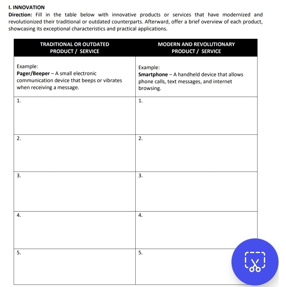 INNOVATION 
Direction: Fill in the table below with innovative products or services that have modernized and 
revolutionized their traditional or outdated counterparts. Afterward, offer a brief overview of each product, 
sh