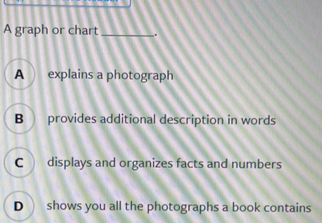 A graph or chart _ *
A explains a photograph
B provides additional description in words
C displays and organizes facts and numbers
D shows you all the photographs a book contains