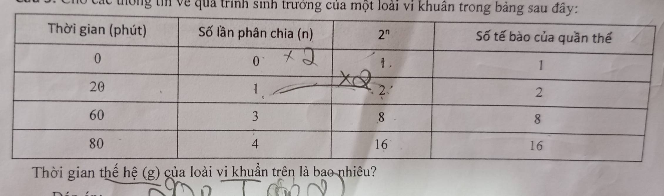 hông tin về quả trình sinh trưởng của một loài vỉ khuân trong bảng sau đâ
Thời gian thế hệ (g) của loài vi khuẩn trên là bao nhiêu?