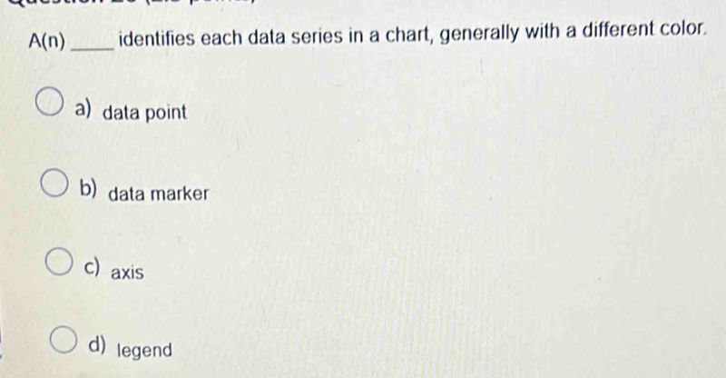 A(n) _ identifies each data series in a chart, generally with a different color.
a) data point
b) data marker
c) axis
d) legend