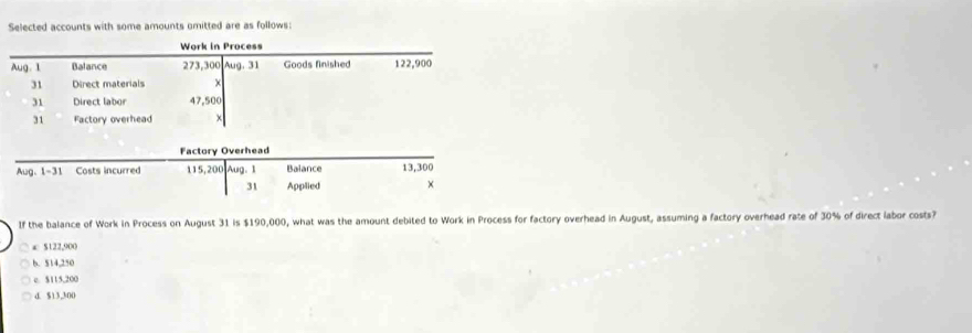 Selected accounts with some amounts omitted are as follows:
Work in Process
Aug. 1 Balance 273,300 Aug. 31 Goods finished 122,900
31 Direct materials
31 Direct labor 47,500
31 Factory overhead +
Factory Overhead
Aug. 1-31 Costs incurred 115,200 Aug. 1 Balance 13,300
31 Applied ×
If the balance of Work in Process on August 31 is $190,000, what was the amount debited to Work in Process for factory overhead in August, assuming a factory overhead rate of 30% of direct labor costs?
∞ $122,900
b. 514,250
c. $115,200
d. $ 13,300