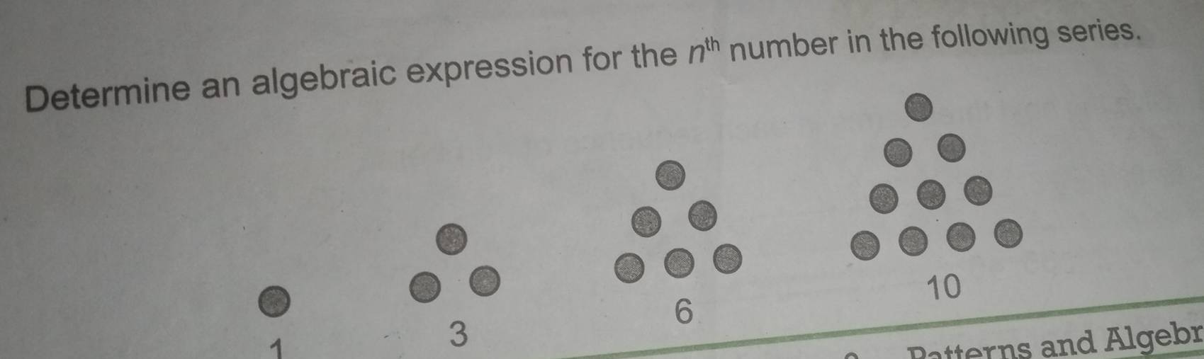 Determine an algebraic expression for the n^(th) number in the following series.
10
6
1
3
Patterns and Algebr