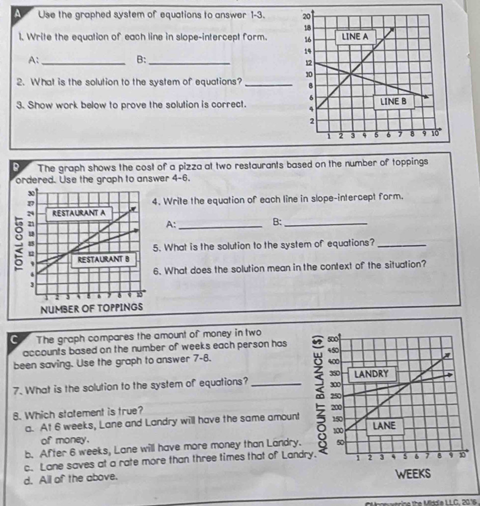 Use the graphed system of equations to answer 1-3. 
1. Write the equation of each line in slope-intercept form. 
A:_
B:_
2. What is the solution to the system of equations?_
3. Show work below to prove the solution is correct.
B The graph shows the cost of a pizza at two restaurants based on the number of toppings
ordered. Use the graph to answer 4-6.
. Write the equation of each line in slope-intercept form.
A:_
B:_
5. What is the solution to the system of equations?_
6. What does the solution mean in the context of the situation?
C The graph compares the amount of money in two 
accounts based on the number of weeks each person has
been saving. Use the graph to answer 7-6. 
7. What is the solution to the system of equations? _
8. Which statement is true?
a. At 6 weeks, Lane and Landry will have the same amount
of money.
b. After 6 weeks, Lane will have more money than Landry.
c. Lane saves at a rate more than three times that of Land
d. All of the above. 
he the Midd'a LLC. 2016.