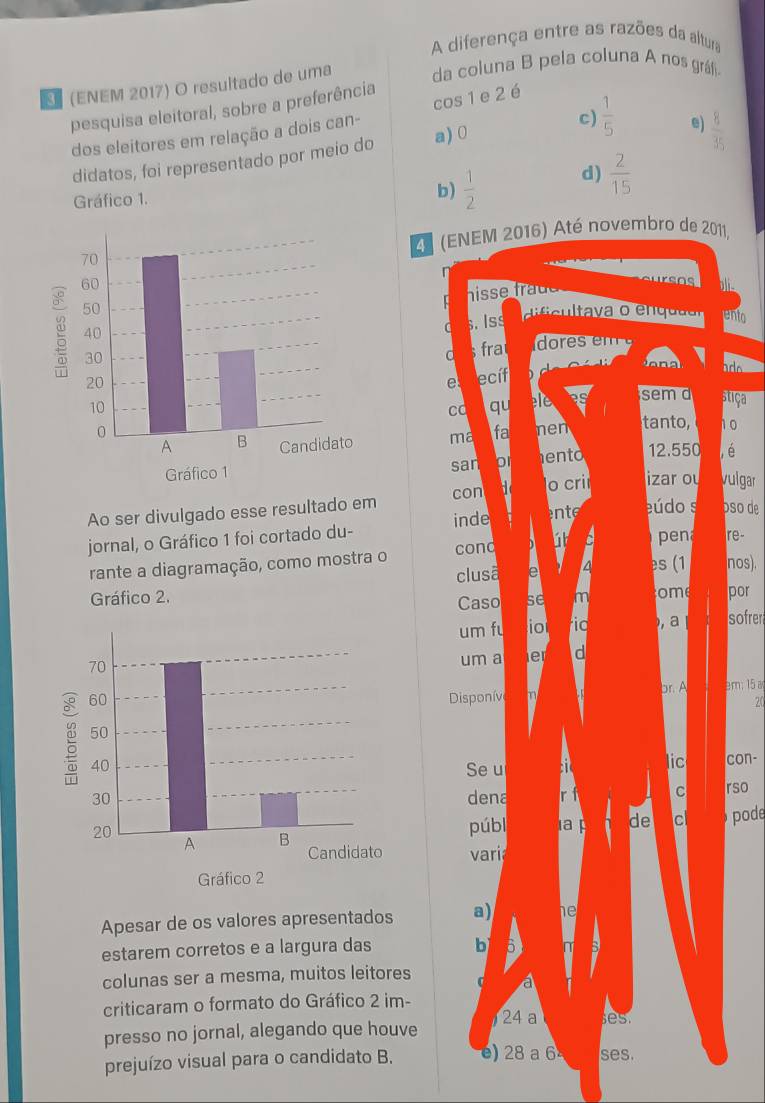 A diferença entre as razões da altura
(ENEM 2017) O resultado de uma da coluna B pela coluna A nos gráf.
pesquisa eleitoral, sobre a preferência
c)  1/5  e)
dos eleitores em relação a dois can- cos 1 e 2 é
a) 0  8/35 
didatos, foi representado por meio do
Gráfico 1.
b)  1/2  d)  2/15 
2E (ENEM 2016) Até novembro de 2011,
hisse frad 
eursos bli
s. Iss
ento
fra
d hdo
e
ecíf
cd qu le
sem d suca
ma fa tanto, ho
san or ento 12.550 é
con
Ao ser divulgado esse resultado em o cri izar ou vulgar
jornal, o Gráfico 1 foi cortado du- inde ente eúdo s oso de
pen re-
rante a diagramação, como mostra o cond es (1 nos).
clusã e
Gráfico 2. se m ome por
Caso
um fu io id ,a sofrer
um a er d
Disponív br. A em;15a
20
Se u lic con-
c
dena rso
públ a de C
pode
vari
Apesar de os valores apresentados a) he
estarem corretos e a largura das b
colunas ser a mesma, muitos leitores
a
criticaram o formato do Gráfico 2 im-
presso no jornal, alegando que houve 24 a es.
prejuízo visual para o candidato B. e) 28 a 6 ses.