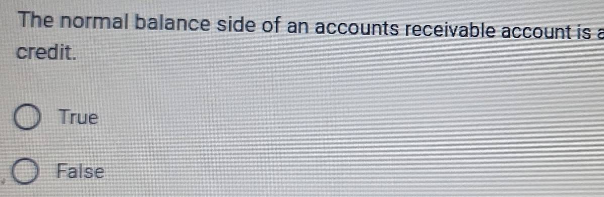 The normal balance side of an accounts receivable account is a
credit.
True
False