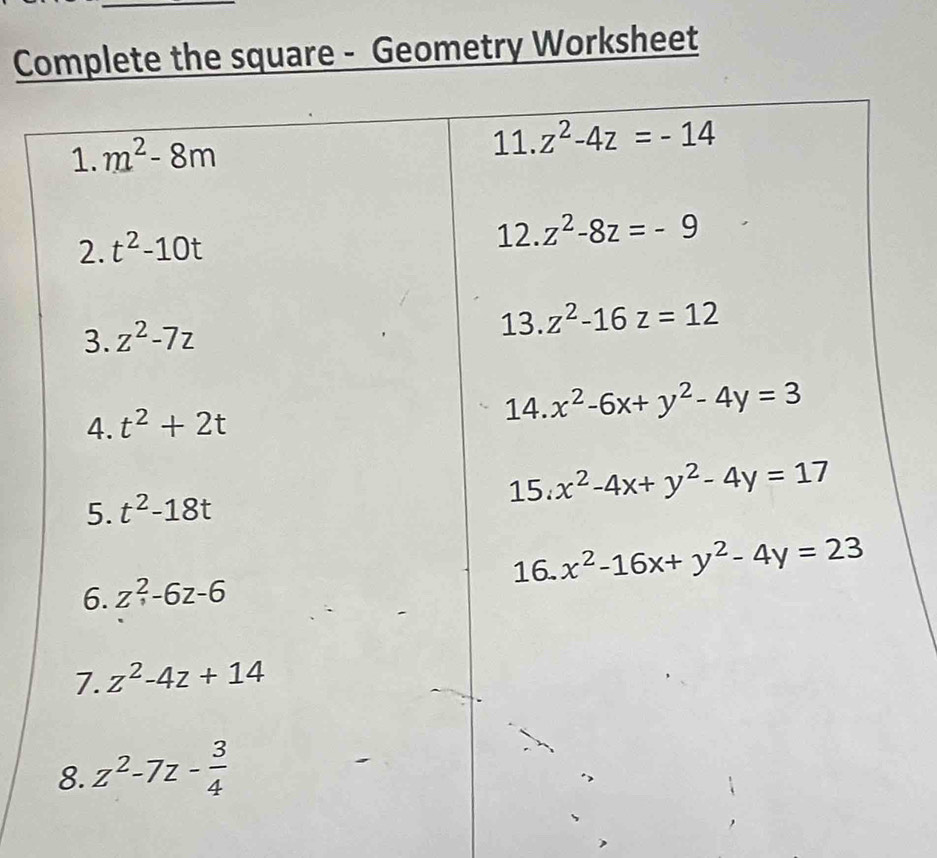 Complete the square - Geometry Worksheet