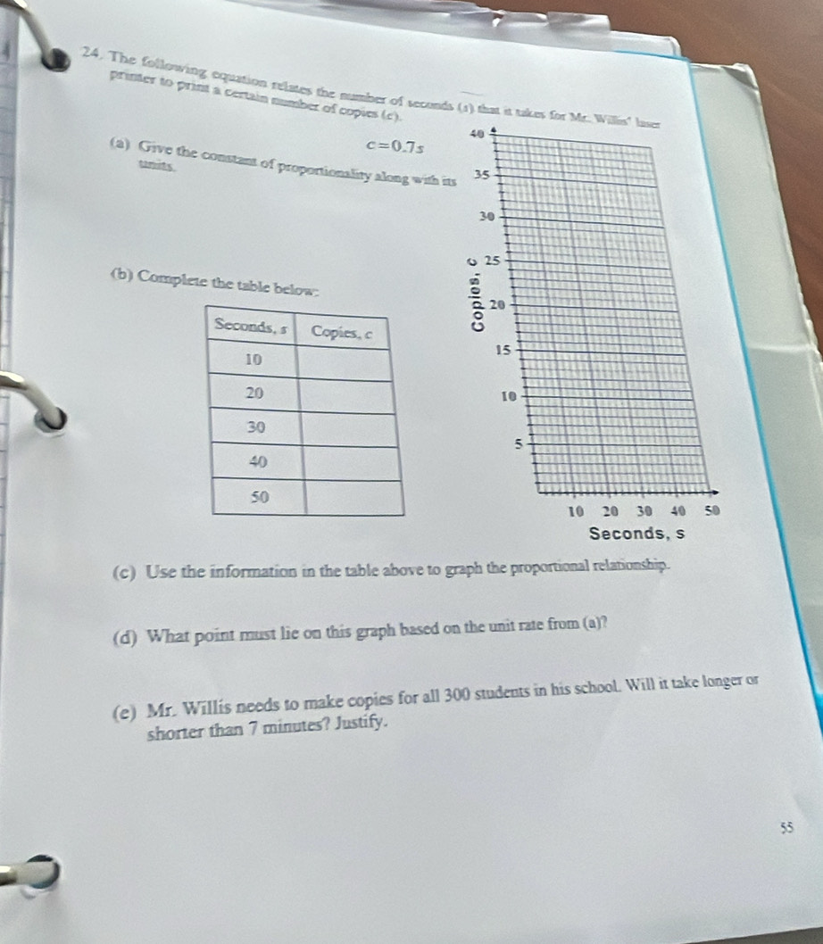 The following equation relates the sumber of seconds (1) that it takes for Mr. Willis' laser 
printer to print a certain number of copies (c).
c=0.7s
40
(a) Give the constant of proportionality along with its 35
trats.
30
25
(b) Complete the table below.
20
15
10
5
10 20 30 40 50
Seconds, s
(c) Use the information in the table above to graph the proportional relationship. 
(d) What point must lie on this graph based on the unit rate from (a)? 
(e) Mr. Willis needs to make copies for all 300 students in his school. Will it take longer or 
shorter than 7 minutes? Justify.
55