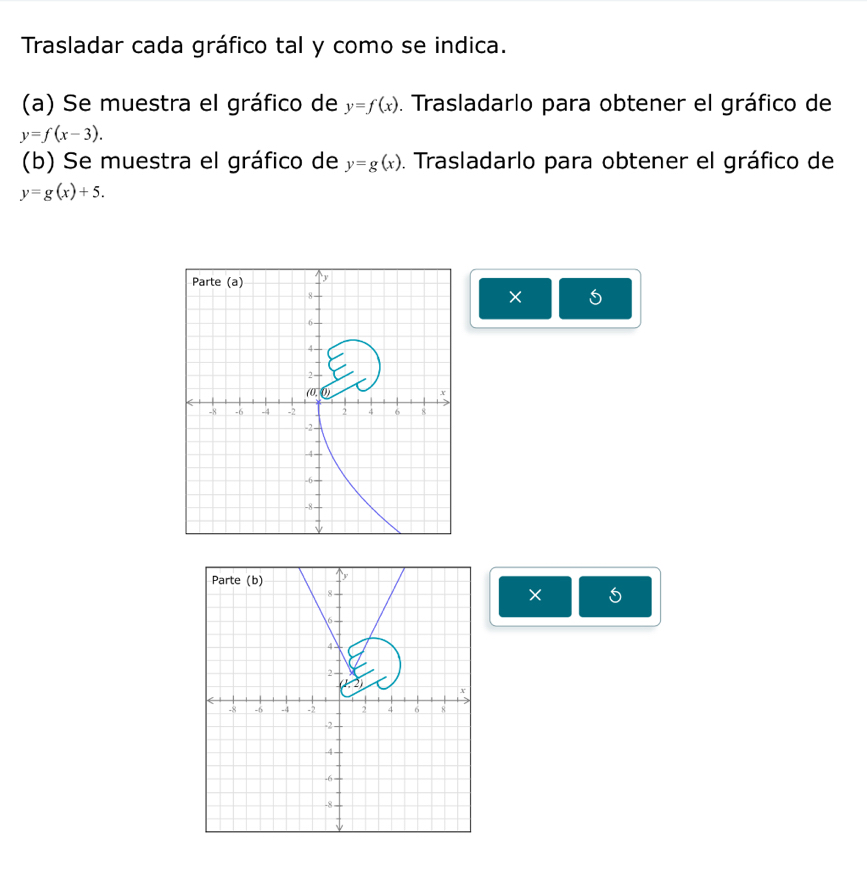 Trasladar cada gráfico tal y como se indica. 
(a) Se muestra el gráfico de y=f(x). Trasladarlo para obtener el gráfico de
y=f(x-3). 
(b) Se muestra el gráfico de y=g(x). Trasladarlo para obtener el gráfico de
y=g(x)+5. 
Parte (a) y
8
× 5. 6
A
2
(0. +
-8 -6 -4 -2 2 4 6 8
-2 -
-4 -
-6 -
-8 - 
×