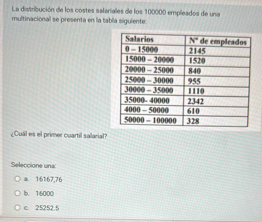 La distribución de los costes salariales de los 100000 empleados de una
multinacional se presenta en la tabla siguiente:
¿Cuál es el primer cuartil salarial?
Seleccione una:
a. 16167,76
b. 16000
c. 25252.5