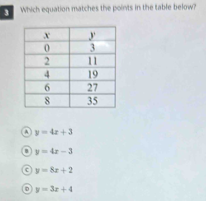 Which equation matches the points in the table below?
a y=4x+3
B y=4x-3
c y=8x+2
D y=3x+4