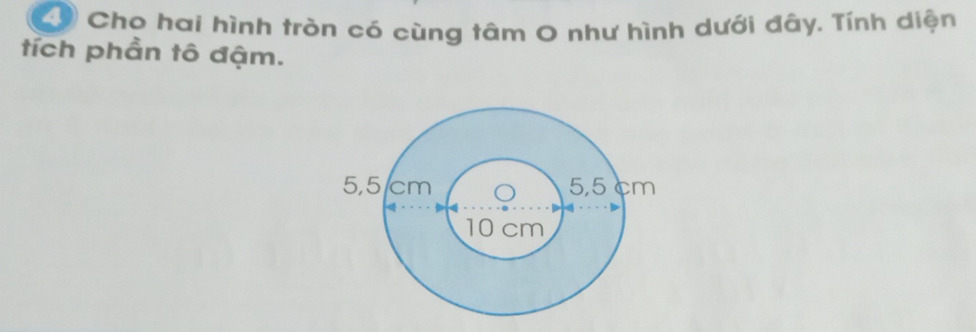 Cho hai hình tròn có cùng tâm O như hình dưới đây. Tính diện 
tích phần tô đậm.