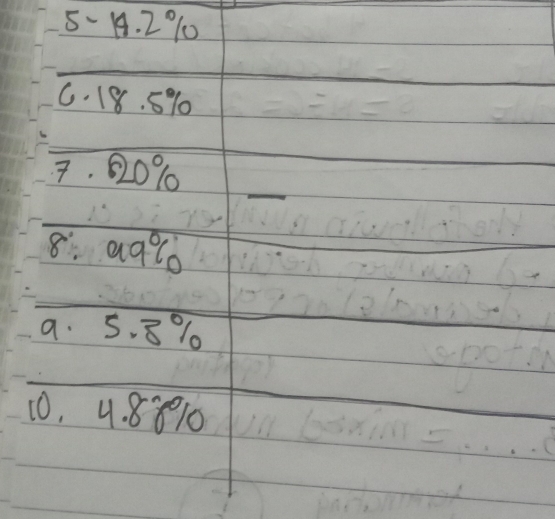 5- A. 2 % 10 
C. 18. 5%
7. 820%
8. aglo 
9. 5. 8%
10. 4. 8810