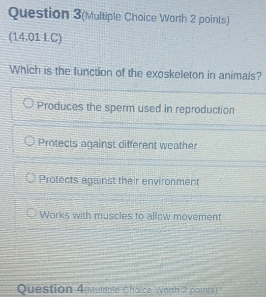 Question 3(Multiple Choice Worth 2 points)
(14.01 LC)
Which is the function of the exoskeleton in animals?
Produces the sperm used in reproduction
Protects against different weather
Protects against their environment
Works with muscles to allow movement
Question 4(Multiple Choice Worth 2 points)