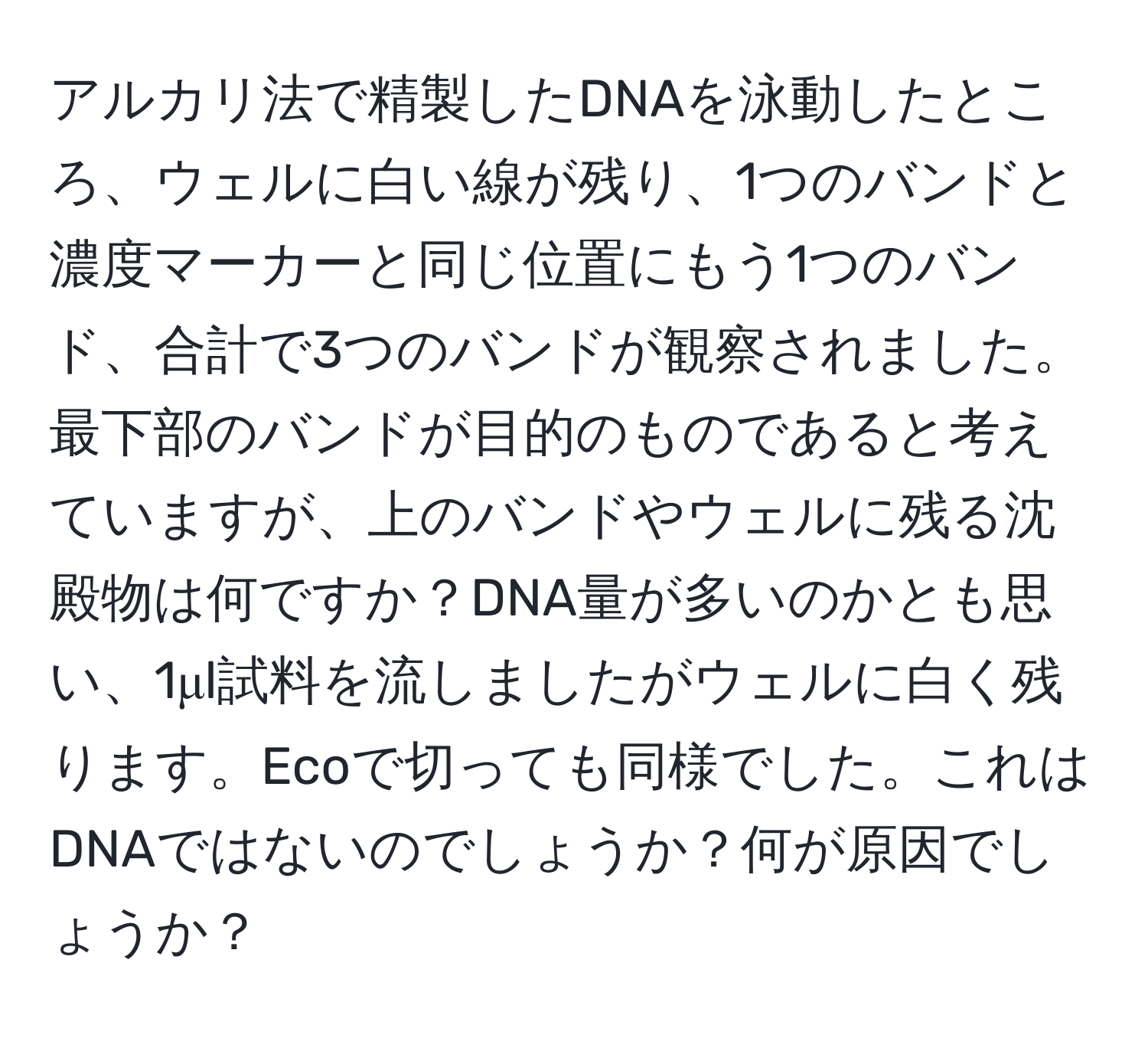 アルカリ法で精製したDNAを泳動したところ、ウェルに白い線が残り、1つのバンドと濃度マーカーと同じ位置にもう1つのバンド、合計で3つのバンドが観察されました。最下部のバンドが目的のものであると考えていますが、上のバンドやウェルに残る沈殿物は何ですか？DNA量が多いのかとも思い、1μl試料を流しましたがウェルに白く残ります。Ecoで切っても同様でした。これはDNAではないのでしょうか？何が原因でしょうか？