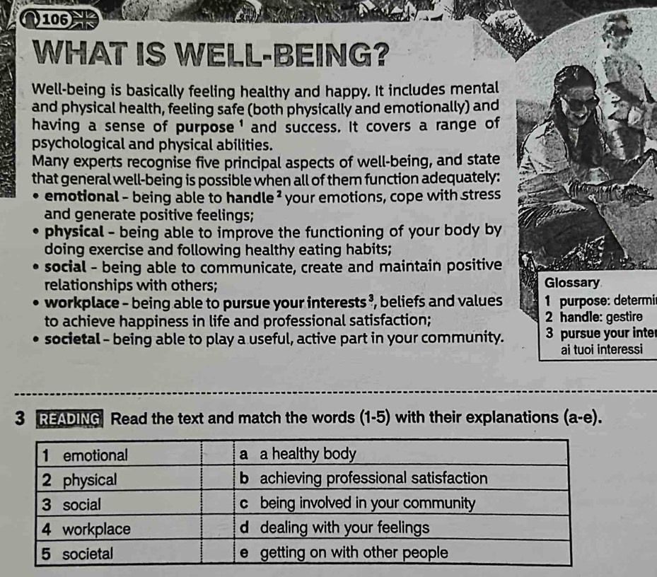 106
WHAT IS WELL-BEING?
Well-being is basically feeling healthy and happy. It includes mental
and physical health, feeling safe (both physically and emotionally) and
having a sense of purpose' and success. It covers a range of
psychological and physical abilities.
Many experts recognise five principal aspects of well-being, and state
that general well-being is possible when all of them function adequately:
emotional - being able to handle² your emotions, cope with stress
and generate positive feelings;
physical - being able to improve the functioning of your body by
doing exercise and following healthy eating habits;
social - being able to communicate, create and maintain positive
relationships with others;
workplace - being able to pursue your interests ³, beliefs and values 1 purpose: determi
to achieve happiness in life and professional satisfaction; e
societal - being able to play a useful, active part in your community.3 pursue your inter
si
3 READING Read the text and match the words (1-5) with their explanations (a-e).