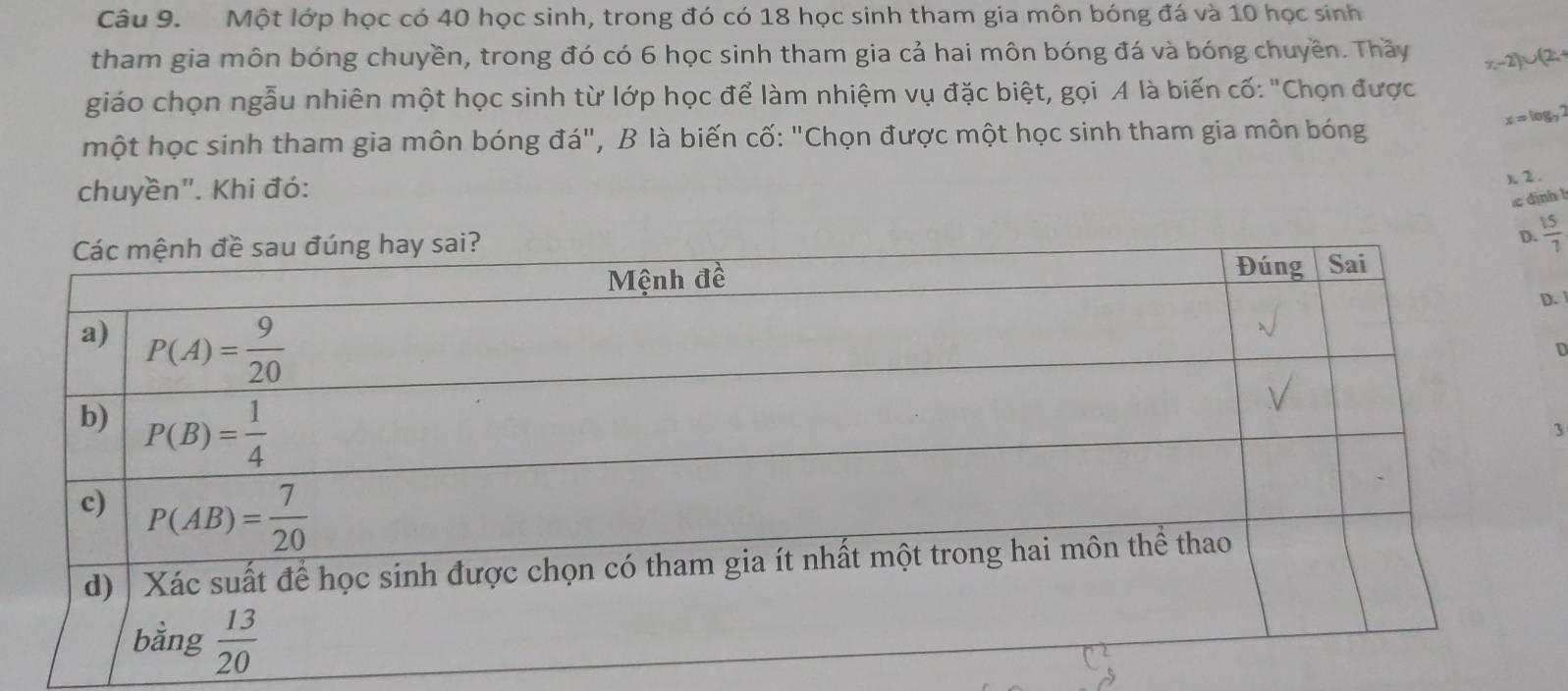 Một lớp học có 40 học sinh, trong đó có 18 học sinh tham gia môn bóng đá và 10 học sinh
tham gia môn bóng chuyền, trong đó có 6 học sinh tham gia cả hai môn bóng đá và bóng chuyền. Thầy x-2)∪ (2.+
giáo chọn ngẫu nhiên một học sinh từ lớp học để làm nhiệm vụ đặc biệt, gọi A là biến cố: "Chọn được
một học sinh tham gia môn bóng đá", B là biến cố: "Chọn được một học sinh tham gia môn bóng
x=log _7
chuyền". Khi đó:
), 2 .
c dịnh !
 15/7 .
D
3