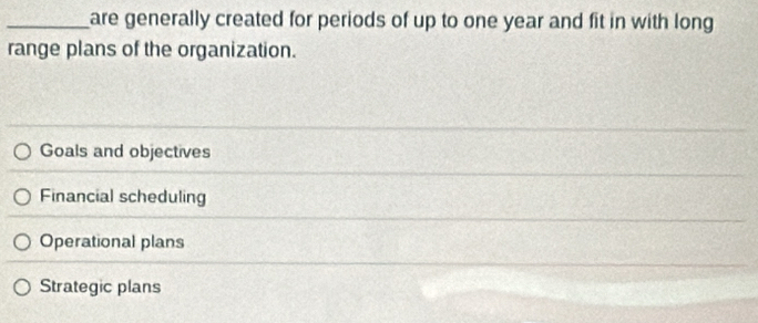 are generally created for periods of up to one year and fit in with long 
range plans of the organization.
Goals and objectives
Financial scheduling
Operational plans
Strategic plans