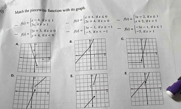 Match the piecewise function with its graph.
_ f(x)=beginarrayl x-4,ifx≤ 1 3x,ifx>1endarray. _ f(x)=beginarrayl x+4,ifx≤ 0 2x+4,ifx>0endarray. -f(x)=beginarrayl 3x-2,ifx≤ 1 x+2,ifx>1endarray.
-. f(x)=beginarrayl 2x+3,ifx≥ 0 x+4,ifx<0endarray. f(x)=beginarrayl 3x-1,ifx≥ -1 -5,ifx -f(x)=beginarrayl -3x-1,ifx≤ 1 -5,ifx>1endarray.
C
B
F
E