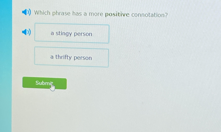 Which phrase has a more positive connotation?
D) a stingy person
a thrifty person
Submit