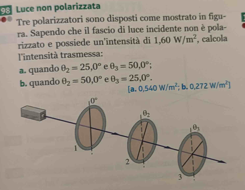 Luce non polarizzata
Tre polarizzatori sono disposti come mostrato in figu-
ra. Sapendo che il fascio di luce incidente non è pola-
rizzato e possiede un'intensità di 1,60W/m^2 , calcola
l'intensità trasmessa:
a. quando θ _2=25,0° e θ _3=50,0°;
b. quando θ _2=50,0° e θ _3=25,0°.
[a.0,540W/m^2;b.0,272W/m^2]