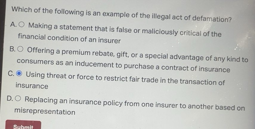 Solved: Which of the following is an example of the illegal act of ...