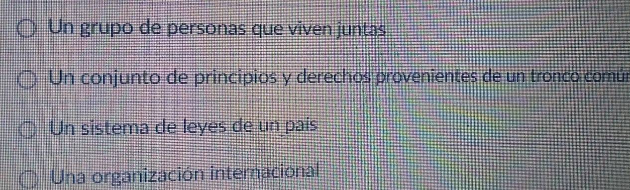 Un grupo de personas que viven juntas
Un conjunto de principios y derechos provenientes de un tronco común
Un sistema de leyes de un país
Una organización internacional