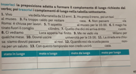 Inserisci la preposizione adatta a formare il complemento di luogo richiesto dal 
verbo; poi trascrivi i complementi di luogo nella tabella sottostante. 
1. Vivo_ via della Marranella da 12 anni. 2. Ho preso il treno, poi un taxi 
al museo. 3, Fa troppo caldo per restare _casa. 4. Non passare __via 
Roma: è chiusa per lavori. 5. Ti aspetto _al museo per le 10.00. 6. Il mago ha 
_ 
tirato fuori il coniglio cilindro. 7. Quello che dici mi arriva dritto cuore. 
8. Ci vediamo _Luca appena hai finito. 9. Me ne vado via _Milano per 
_ 
qualche mese. 10. Dovrei uscire univer sità per le 19.00. 11. La strada era chiu- 
sa: siamo dovuti passare _ai rovi. 12. Quando esci da scuola passa_ nom 
na per un saluto. 13. Con questo temporale non credo uscirò_ casa. 
5