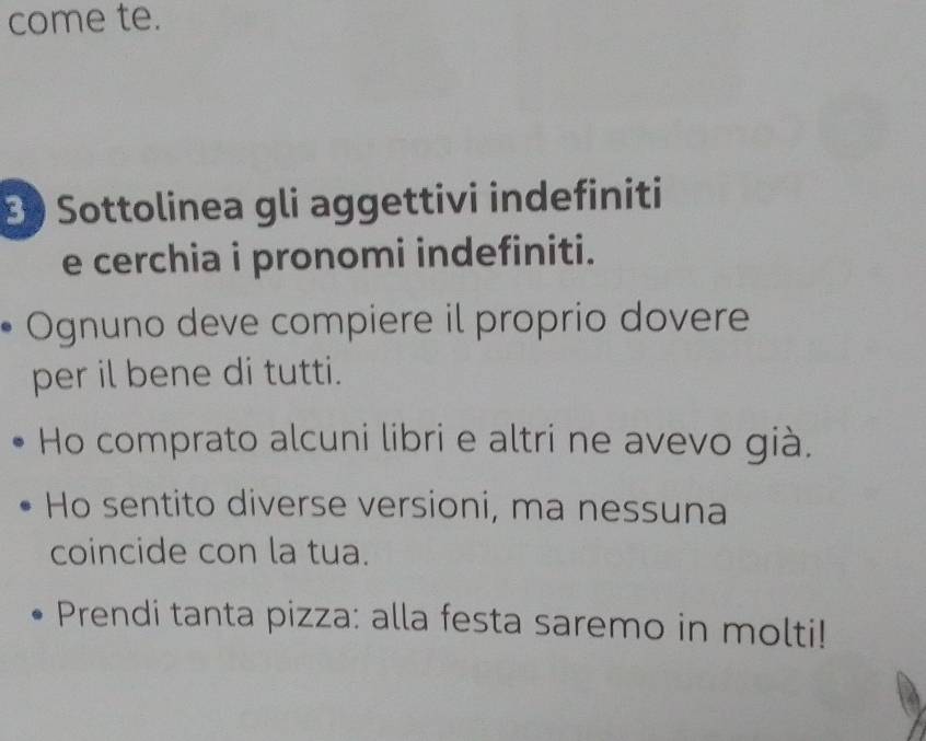 come te. 
B Sottolinea gli aggettivi indefiniti 
e cerchia i pronomi indefiniti. 
Ognuno deve compiere il proprio dovere 
per il bene di tutti. 
Ho comprato alcuni libri e altri ne avevo già. 
Ho sentito diverse versioni, ma nessuna 
coincide con la tua. 
Prendi tanta pizza: alla festa saremo in molti!