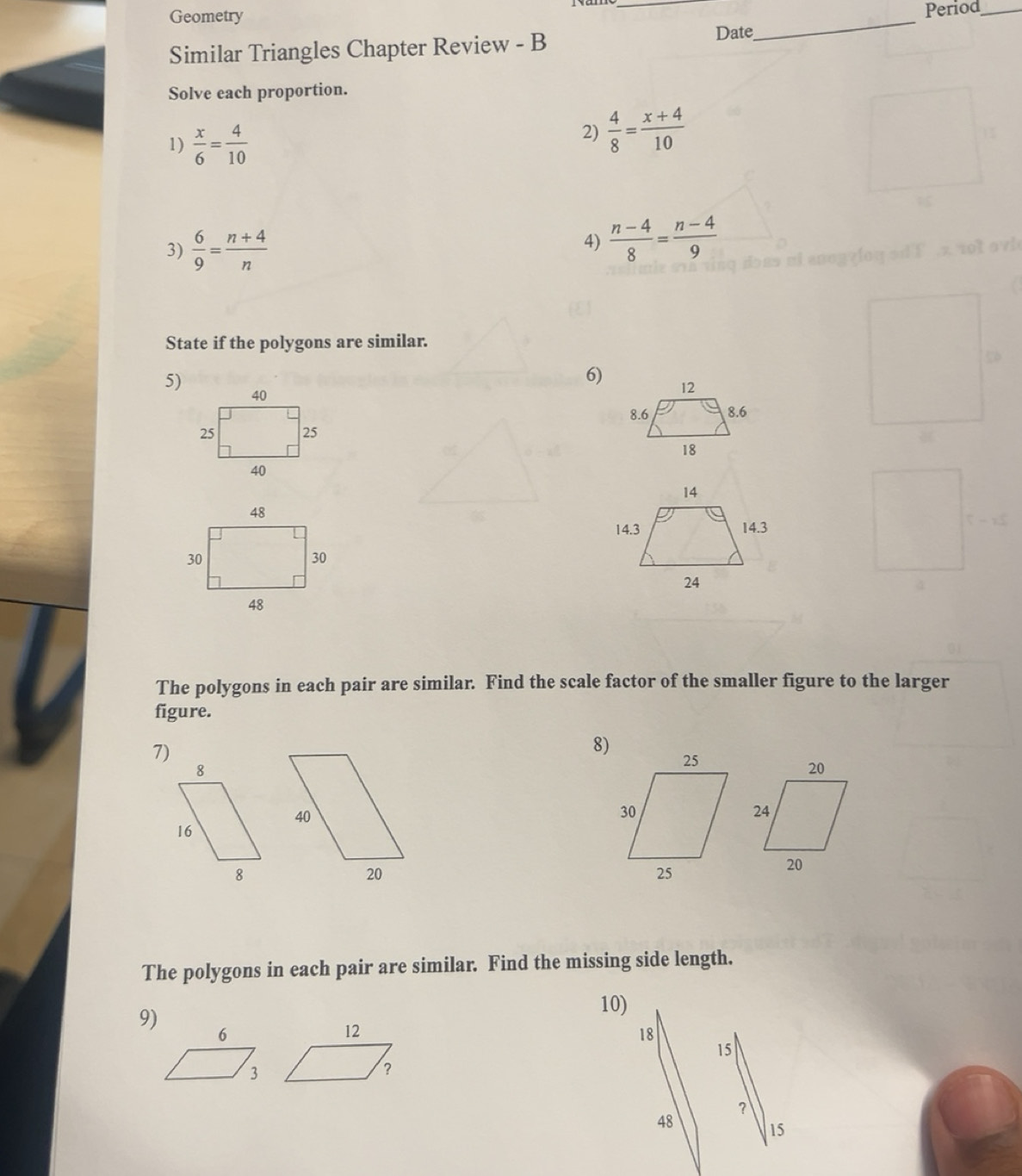 Gelöst:Geometry _ Period_ Similar Triangles Chapter Review - B Date ...