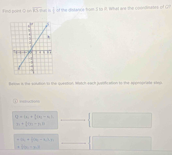 Find point Q on overline RSth at is  2/5  of the distance from S to R. What are the coordinates of Q?
Below is the solution to the question. Match each justification to the appropriate step.
① Instructions
Q=(x_1+ a/b (x_2-x_1),
y_1+ a/b (y_2-y_1))
=(x_1+ 2/5 (x_2-x_1),y_1
+ 2/3 (y_2-y_1))