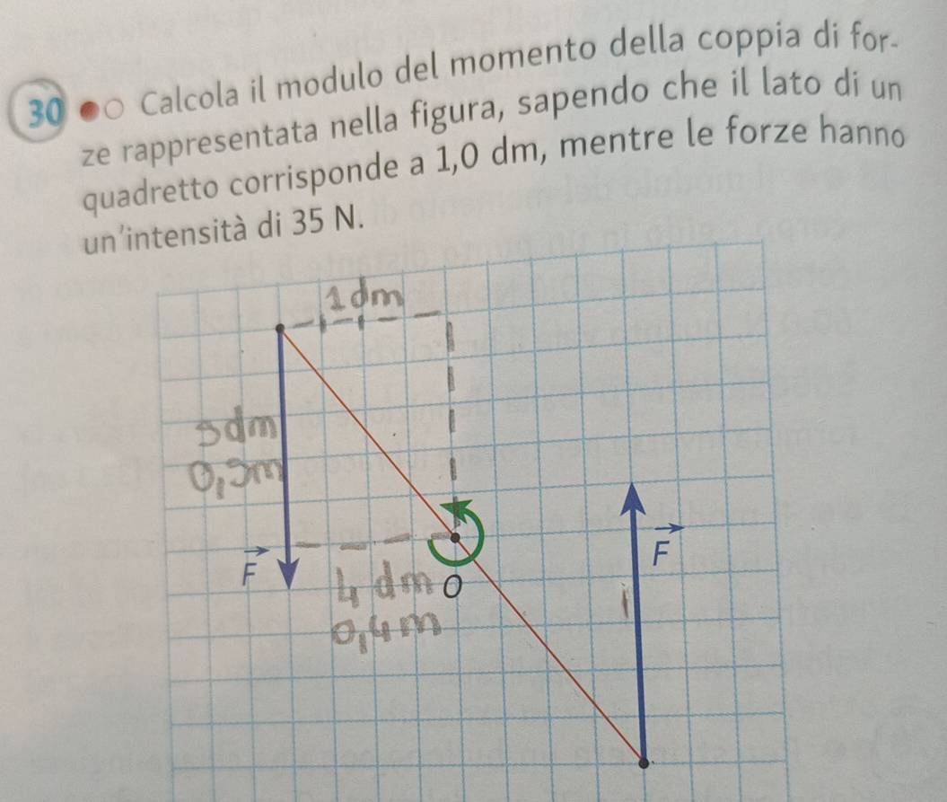 30 ●○ Calcola il modulo del momento della coppia di for- 
ze rappresentata nella figura, sapendo che il lato dí un 
quadretto corrisponde a 1,0 dm, mentre le forze hanno