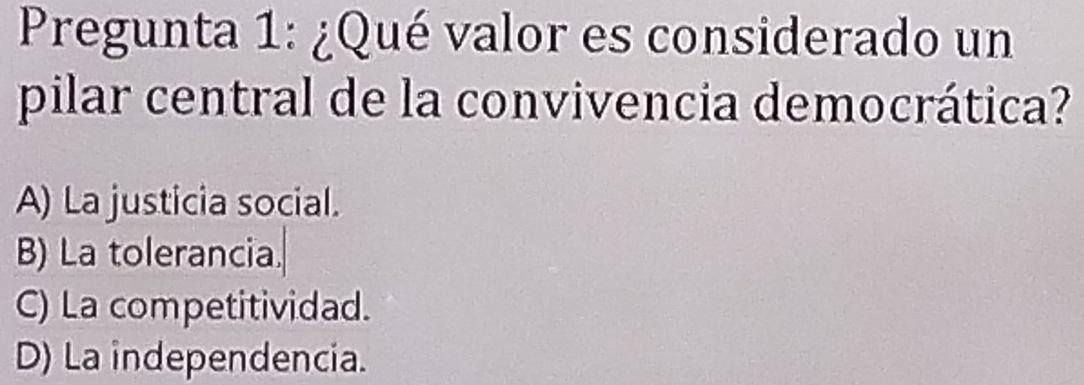 Pregunta 1: ¿Qué valor es considerado un
pilar central de la convivencia democrática?
A) La justicia social.
B) La tolerancia.
C) La competitividad.
D) La independencia.