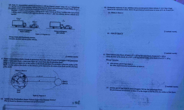 Rajsh 5.3 enerrnjulkon erbiah Sot berfises 1 200 lg heogorsk Jengos halajo 50 on a° beitenbung (F) Derdenarkan maikianas de etas, oncbickan runus porotes gravió-dalan scluian  À dan h bagi
desgan wcheish kvrts hertsn 1 000 lop yang herperak istam an heriosatgoe dorgan balags 25 on e ²
Seipas perlängseren, kokis-dos krndersan borgersk bensasta cama Based on the ieformation shove, dartve the gravinaional acostcration in turma ofOLM,B andh for.
Disgrain 3.2 shovn a leery of mass 1,200 kg mosen with a veiories of 30 msf collides with a cae of mass
I 150 Ay which is maving in the apposity diraction at 20 in v   Afar the colscion, the tuó sbicies mare 1) Oljak A/ Otyecr
85°.
0
Sloper pertogpe   ci 4) Objek B/ Chyecr 2 [2 markalt/ morku]
Réfe réfs Rageh 5.2° Diagr 3.2
Culcukate the joul velocity of the vekicken. Mkange belaf i wkher londotanin toreetel
(c)   Dibers Iuhann Beien Dari, Mintsh 1.81+10° 4.3°=50°= [1 mda' morib ]
[T markabi' marke] Gtoen the mass of the Earth, M is MF=20°k * kg dem jejari Rarel, A indah d g and the rodie of the Eorth, 8 in 4.37/ 10°m
Domi. A sellah jojari Bums, rialal jurak objek daei pasat Roumá dan Mf ialah jiaim Boami.
d Rajah éamojukkas objek A berada di pormikaan Bursi dan objek B herada di kotnggian h đari penankann Fiteg' Calmdair: (1) silai pecutso gravió bagi objsk A. the valse of grassnemonal acrelerasion of object. A
Diagran 6 shout an olject A is on the exefice of the Earth and object 8 is at height, h from the surface of the
of the Earsk Earsh. I is the radise of the Earth, r is the dissunce of the object from the ceston of the Earth and ld in the mass
[2 markab/ marka]
(il) pocutan gaviz bagi ebjik D puda katinggian 345 ka dan permukan Bami.
the grimvitational ocoeieration of object 8t at the height of 345 km from the surface of the Earth.
Ratinto de Chenio d
(2)  Apskah yang dimakidkan dengen Hakum Kegravitiao Bemeta Nrano''
What ts meant by Nenton's Univeenal Luw of Gravitation?
_