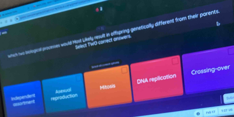 alt
which two biological processes would Most Lilkelly result in offspring genetically different from their parents
Select TWO correct answers.
Crossing-over
Independent Asexual Mitosis DNA replication
assortment reproduction
Subr
0 Feb 17 1:27 US