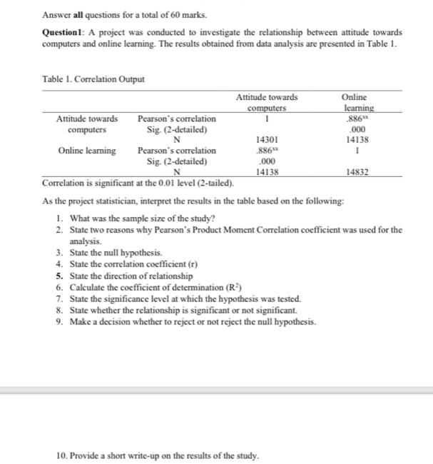 Answer all questions for a total of 60 marks.
Question1: A project was conducted to investigate the relationship between attitude towards
computers and online learning. The results obtained from data analysis are presented in Table 1.
As the project statistician, interpret the results in the table based on the following:
1. What was the sample size of the study?
2. State two reasons why Pearson’s Product Moment Correlation coefficient was used for the
analysis.
3. State the null hypothesis.
4. State the correlation coefficient (r)
5. State the direction of relationship
6. Calculate the coefficient of determination (R^2)
7. State the significance level at which the hypothesis was tested.
8. State whether the relationship is significant or not significant.
9. Make a decision whether to reject or not reject the null hypothesis.
10. Provide a short write-up on the results of the study.