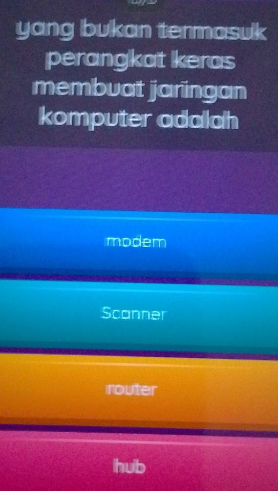 yang bukan termasuk
perangkat keras
membuat jaringan
komputer adalah
modem
Scanner
router
hub