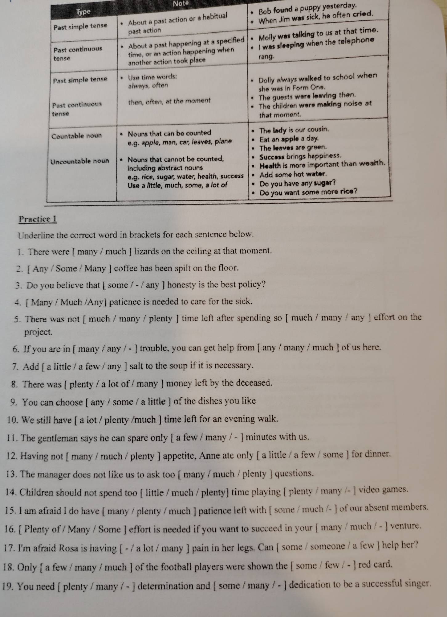 Note 
Bob found a puppy yesterday. 
P 
Underline the correct word in brackets for each sentence below. 
1. There were [ many / much ] lizards on the ceiling at that moment. 
2. [ Any / Some / Many ] coffee has been spilt on the floor. 
3. Do you believe that [ some / - / any ] honesty is the best policy? 
4. [ Many / Much /Any] patience is needed to care for the sick. 
5. There was not [ much / many / plenty ] time left after spending so [ much / many / any ] effort on the 
project. 
6. If you are in [ many / any / - ] trouble, you can get help from [ any / many / much ] of us here. 
7. Add [ a little / a few / any ] salt to the soup if it is necessary. 
8. There was [ plenty / a lot of / many ] money left by the deceased. 
9. You can choose [ any / some / a little ] of the dishes you like 
10. We still have [ a lot / plenty /much ] time left for an evening walk. 
11. The gentleman says he can spare only [ a few / many / - ] minutes with us. 
12. Having not [ many / much / plenty ] appetite, Anne ate only [ a little / a few / some ] for dinner. 
13. The manager does not like us to ask too [ many / much / plenty ] questions. 
14. Children should not spend too [ little / much / plenty] time playing [ plenty / many /- ] video games. 
15. I am afraid I do have [ many / plenty / much ] patience left with [ some / much /- ] of our absent members. 
16. [ Plenty of / Many / Some ] effort is needed if you want to succeed in your [ many / much / - ] venture. 
17. I'm afraid Rosa is having [ - / a lot / many ] pain in her legs. Can [ some / someone / a few ] help her? 
18. Only [ a few / many / much ] of the football players were shown the [ some / few / - ] red card. 
19. You need [ plenty / many / - ] determination and [ some / many / - ] dedication to be a successful singer.