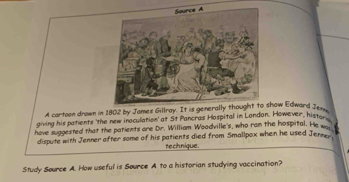 A cartoon drawn in 1802 by James Gillray. It is genhow Edward Jen 
giving his patients 'the new inoculation' at St Pancras Hospital in London. However, histario 
have suggested that the patients are Dr. William Woodville's, who ran the hospital. He wo 
dispute with Jenner after some of his patients died from Smallpox when he used Jenner. 
technique. 
Study Source A. How useful is Source A to a historian studying vaccination?