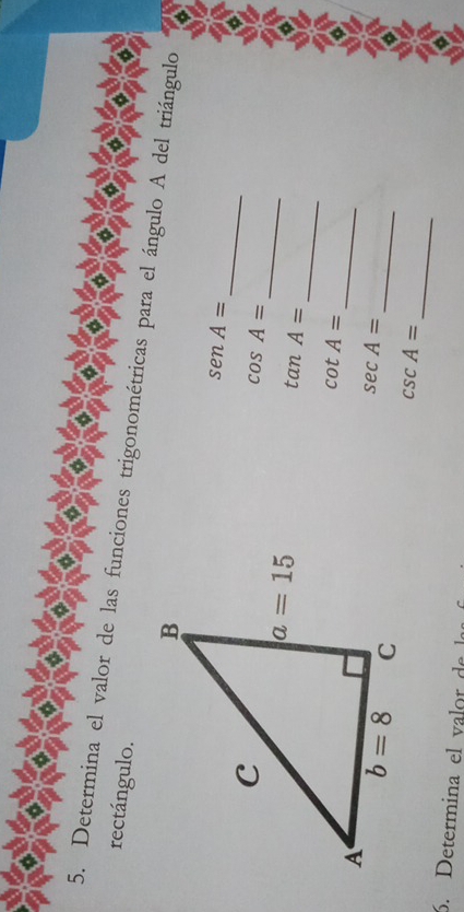 rectángulo.
5. Determina el valor de las funciones trigonométricas para el ángulo A del triángulo
_
senA=
_
cos A=
_
tan A=
_
cot A=
_
sec A=
_
csc A=
6. Determina el valor de