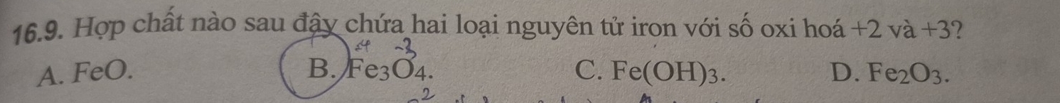 Hợp chất nào sau đậy chứa hai loại nguyên tử iron với số oxi hoá +2va+3 7
C. Fe(OH)_3.
A. FeO. B. Fe_3O_4. D. Fe_2O_3.