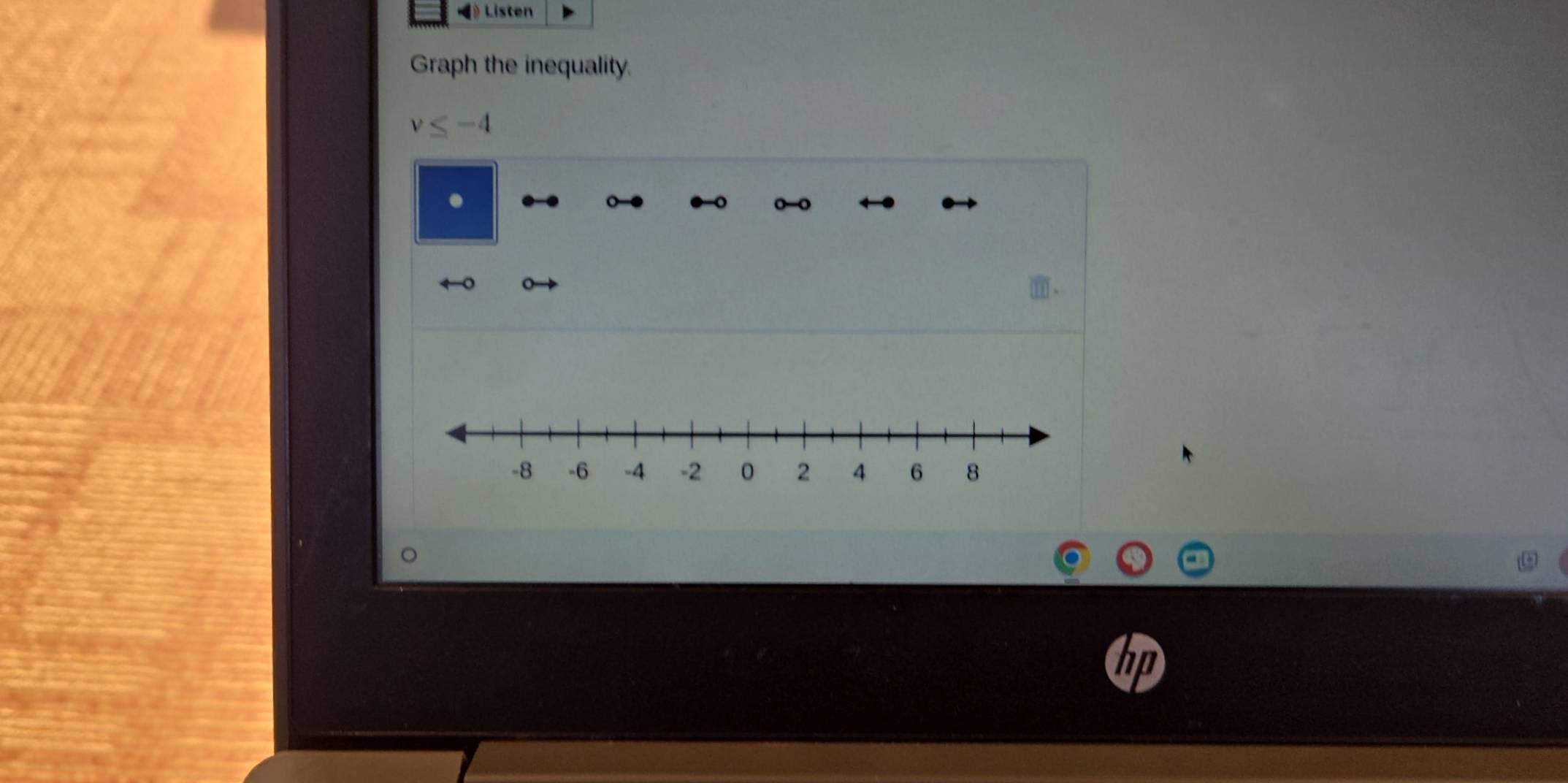 ) Listen 
Graph the inequality.
v≤ -4.