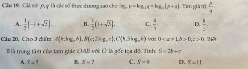 Giả sử p, q là các số thực dương sao cho log _9p=log _12q=log _06(p+q). Tìm giá trị  p/q .
A.  1/2 (-1+sqrt(5)). B.  1/2 (1+sqrt(3)). C.  4/3 . D.  8/5 . 
Câu 20, Cho 3 điểm A(b;log _ab), B(e;2log _ac), C(b,3log _ab) với 0, b>0, c>0. Biết
B là trọng tâm của tam giác OAB với O là gốc tọa độ. Tính: S=2b+c
A. S=5 B. S=7 C. S=9 D. S=11