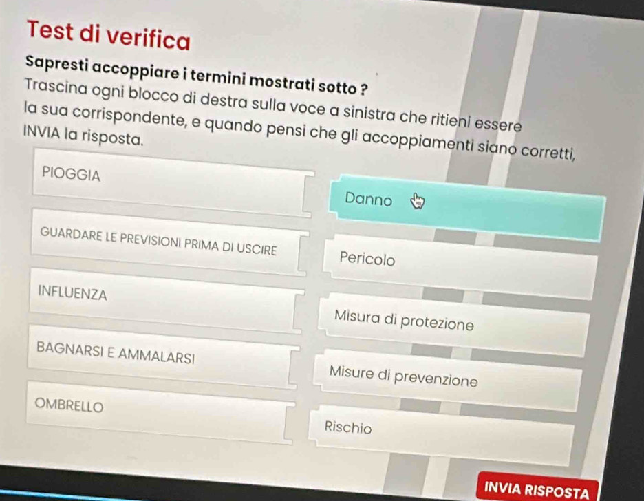 Test di verifica 
Sapresti accoppiare i termini mostrati sotto ? 
Trascina ogni blocco di destra sulla voce a sinistra che ritieni essere 
la sua corrispondente, e quando pensi che gli accoppiamenti siano corretti, 
INVIA la risposta. 
PIOGGIA Danno 
GUARDARE LE PREVISIONI PRIMA DI USCIRE Pericolo 
INFLUENZA Misura di protezione 
BAGNARSI E AMMALARSI Misure di prevenzione 
OMBRELLO 
Rischio 
INVIA RISPOSTA