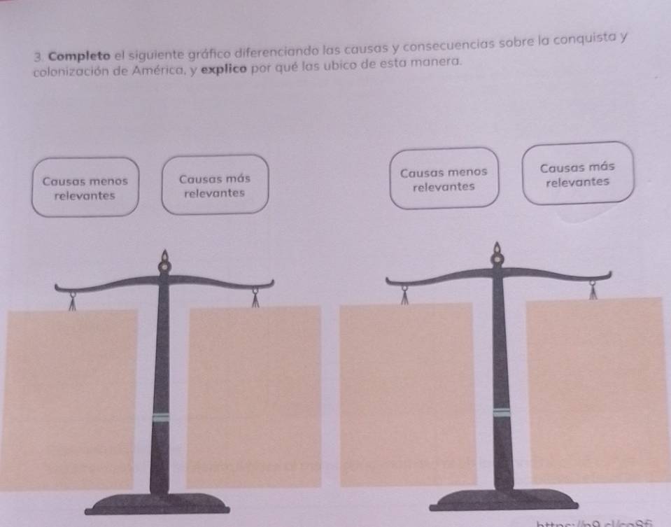 Completo el siguiente gráfico diferenciando las causas y consecuencias sobre la conquista y
colonización de América, y explico por qué las ubico de esta manera.
Causas menos Causas más Causas menos Causas más
relevantes relevantes relevantes relevantes