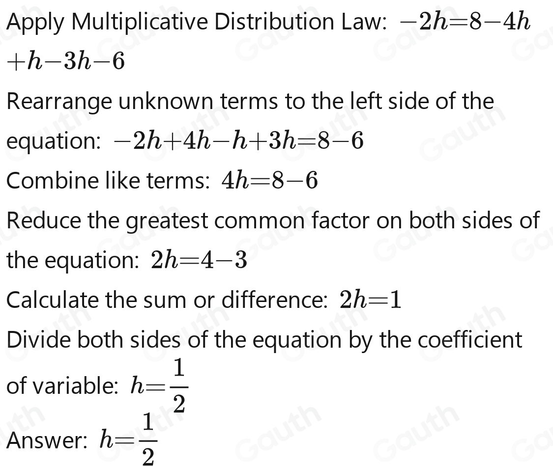 Solved: Solve for h. -2h= 4/3 (6-3h)+h- 3/4 (4h+8) h= [Math]