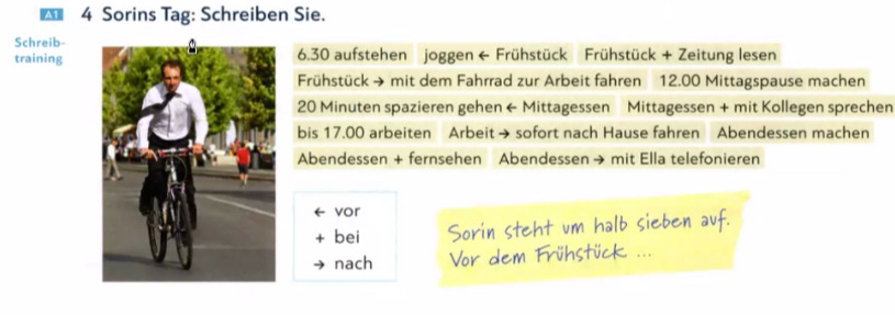 1 4 Sorins Tag: Schreiben Sie. 
Schreib- 
training6.30 aufstehen joggen ← Frühstück Frühstück + Zeitung lesen 
Frühstück → mit dem Fahrrad zur Arbeit fahren 12.00 Mittagspause machen
20 Minuten spazieren gehen ← Mittagessen Mittagessen + mit Kollegen sprechen 
bis 17.00 arbeiten Arbeit→ sofort nach Hause fahren Abendessen machen 
Abendessen + fernsehen Abendessen → mit Ella telefonieren 
vor 
bei 
nach