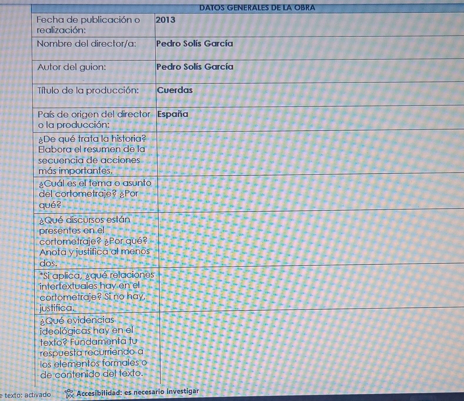 DATOS GENERALES DE LA OBRA 
Fecha de publicación o 2013
e texto: activado Accesibilidad: es necesario investigar