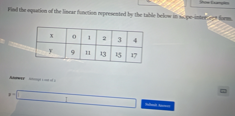 Stow Examgiles 
Find the equation of the linear function represented by the table below in slope-intersent form. 
Answer Attempt 1 out of 2 6
y=□ Sabanlt Answer