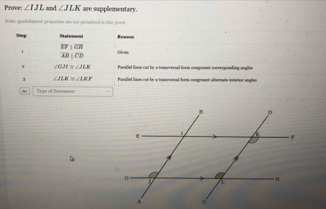 Prove: ∠ IJL and ∠ JLK are supplementary. 
Note: quadrilateral properties are not permitted in this proof. 
Step Statement Reason
overline EFparallel overline GH
1 Given
overline ABparallel overline CD
2 ∠ GJI≌ ∠ JLK Parallel lines cut by a transversal form congruent corresponding angles 
3 ∠ JLK≌ ∠ LKF Parallel lines cut by a transversal form congruent alternate interior angles 
try Type of Statement