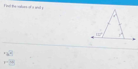 Find the values of x and y.
x=4
y=59
